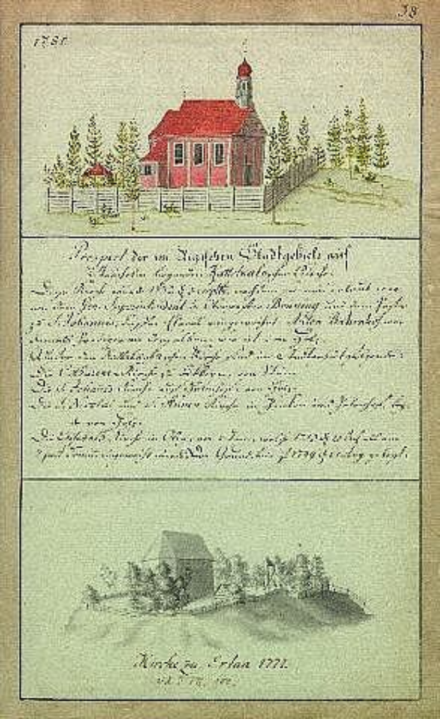 Ein 1777 deutscher Schulbuch mit einer Abbildung eines roten Hauses umgeben von Bäumen und einem Zaun.