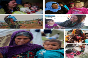 Ein Collage von Fotos von Frauen und Kindern in Afghanistan, das eine humanitäre Krise mit Szenen des täglichen Lebens und des Kampfes zeigt.