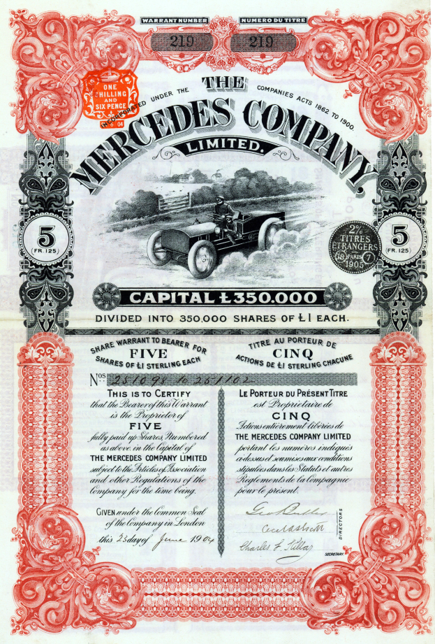 Ein hellblaues Papier mit der fetten, zentrierten Schrift "Mercedes-Benz Company Limited Stock Certificate" und einem Bild eines klassischen, eleganten Autos mit einem glänzenden Finish.