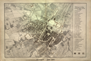 Ein detaillierter Stadtplan von Stuttgart, Deutschland aus dem Jahr 1881 mit Text zur Übersicht.