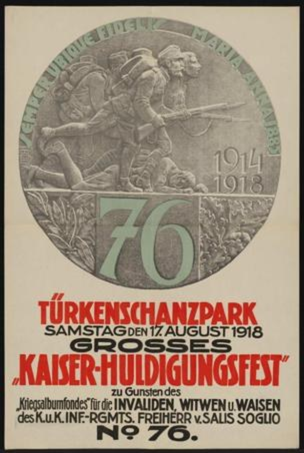 Plakat zum 70. Jubiläum des Kaiser-Huldigungsfestes in Berlin, Deutschland, mit einer Gruppe von Menschen in der Mitte, umgeben von Text und Zahlen, in einem Photo-Rahmen.