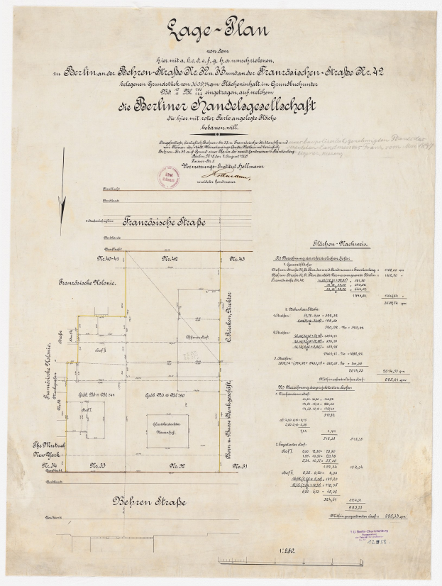 Altes Dokument mit einer Karte des Berliner Handelagellachaft-Gebäudes, das Text und einen Stempel auf der linken Seite enthält.