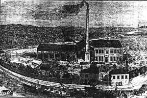 Eine Schwarz-Weiß-Zeichnung einer Fabrik in einem Feld mit einigen Gebäuden, Bäumen und einem Pfahl im Vordergrund, mit dem Text "The New York State Penitentiary" unten.