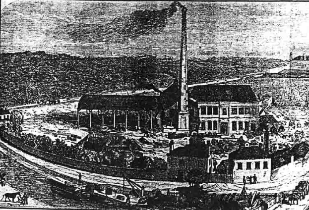 Eine Schwarz-Weiß-Zeichnung einer Fabrik in einem Feld mit einigen Gebäuden, Bäumen und einem Pfahl im Vordergrund, mit dem Text "The New York State Penitentiary" unten.