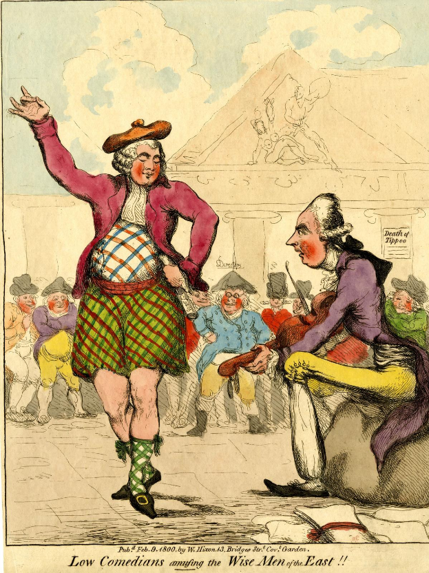 Cartoon-Illustration eines Mannes in einem Kilt und einer Frau in einem Kleid, die vor einem Publikum auf einer Bühne stehen, mit Text unten, der 'Niedrige Komiker amüsieren die weisen Männer des Ostens' liest.