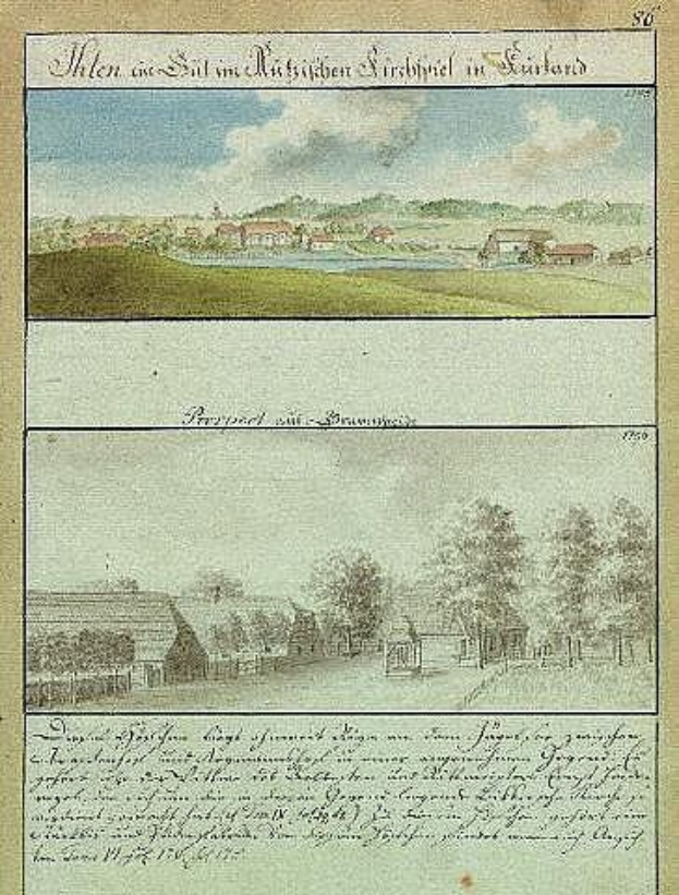 Eine antike Buchillustration, die eine 18. Jahrhundert Münchner Landschaft mit Bäumen, Häusern, Gras und Wolken zeigt, betitelt mit "München, Deutschland, 1750-1790, Landschaft mit Blick auf die Stadt München".
