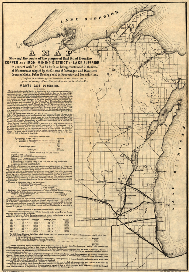 Eine alte Karte der Vereinigten Staaten, die das Kupfer- und Eisenbergbaugebiet des Lake Superior hervorhebt, mit detaillierten geografischen Merkmalen, Straßen, Flüssen und beschrifteten Städten, Gemeinden und Gewässern.