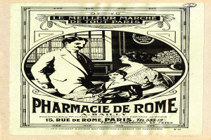 Eine alte Werbung für eine Apotheke in Rom, die einen Mann und eine Frau zeigt, die nebeneinander stehen und Text beschreiben.