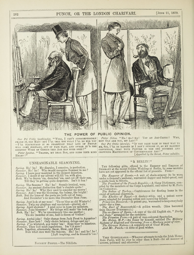 Ein altes Buch mit einer Zeichnung eines Mannes in einem Anzug, der in einem Stuhl sitzt und einen nachdenklichen Ausdruck hat und eine Frau neben ihm steht, betitelt mit "Die Macht der öffentlichen Meinung".