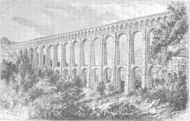 Schwarz-weißes Gravur von einer Brücke in Frankreich mit umgebender Landschaft und Text unten.