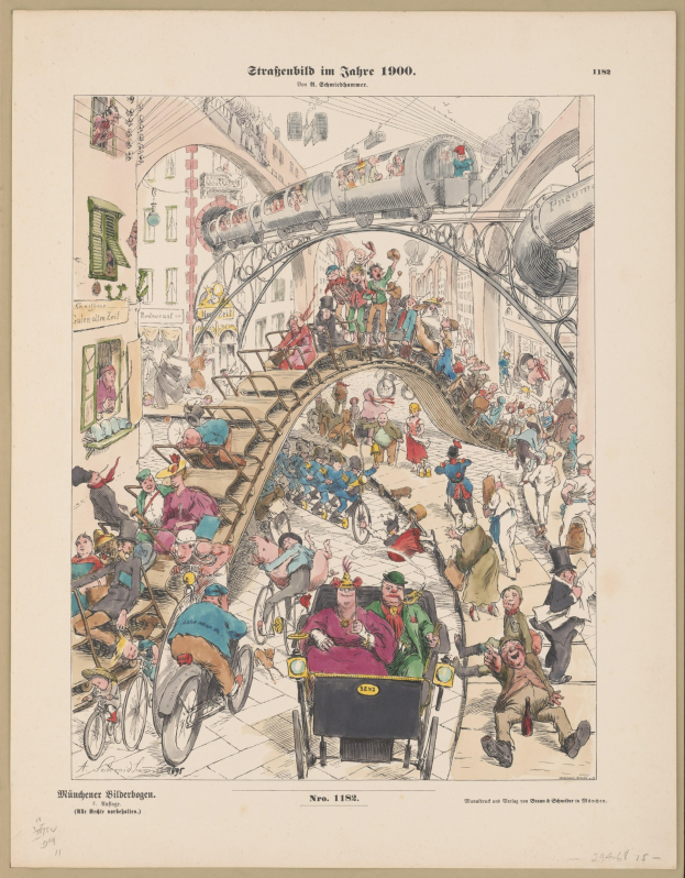 Schwarz-weiß-Illustration einer überfüllten Bahnstation im Jahr 1900, eingerahmt von einem Photo-Rahmen, mit Menschen, die Bestürzung zeigen und zum Zug oder Boden schauen.