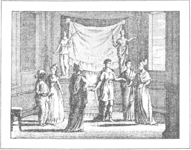 Schwarze und weiße Zeichnung einer Gruppe von Menschen, die vor einer Bühne mit einem drapierten Tuch an der Wand und Fenstern im Hintergrund stehen, mit der Beschriftung "Das Theater der Oper" unten.