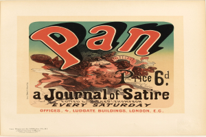 Ein Plakat mit einer Person mit kurzen, dunklen Haaren in einem weißen Hemd, die ernst schaut, mit der Aufschrift "Pan: Eine Zeitschrift für Satire" in fetter, schwarzer Schrift in der Mitte auf einem weißen Hintergrund.