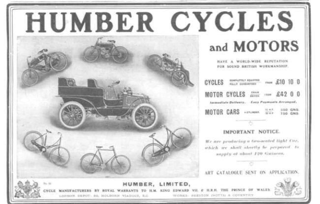 Werbeposter für Humber Cycles and Motors, das verschiedene Fahrzeuge und Fahrräder zeigt.