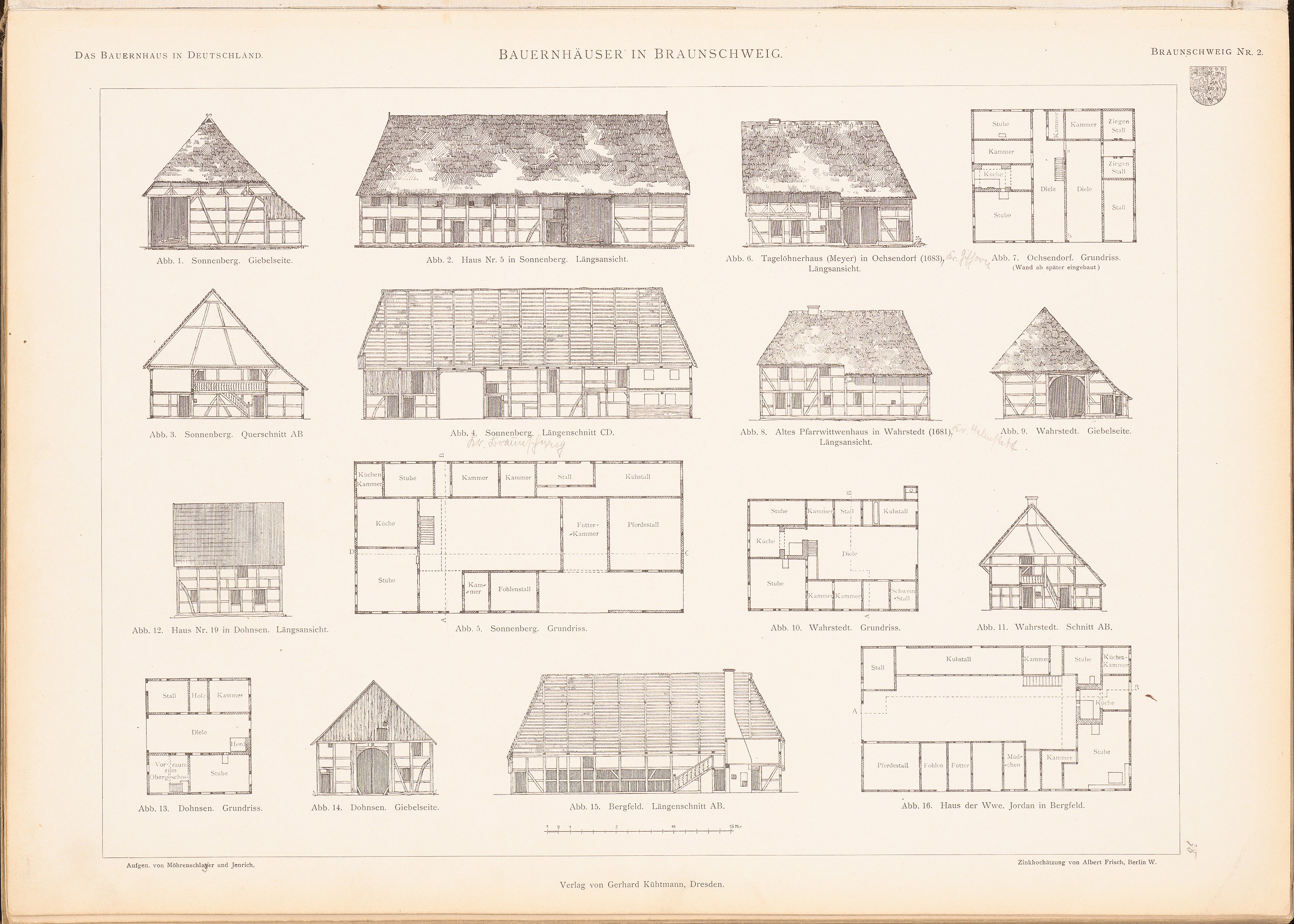 Ein aufgeschlagenes altes Buch mit Architekturplänen und -zeichnungen verschiedener Hausentwürfe mit begleitendem Text.