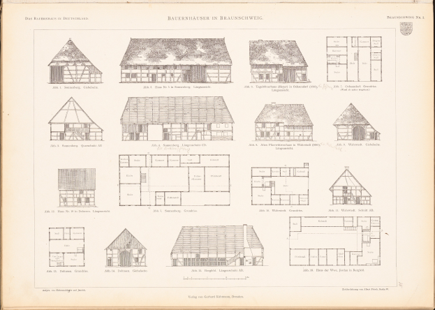 Ein aufgeschlagenes altes Buch mit Architekturplänen und -zeichnungen verschiedener Hausentwürfe mit begleitendem Text.