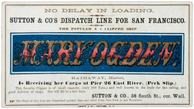 Papier-Paketaufkleber mit der Aufschrift "Sutton & Co's Dispatch Line for San Francisco" für eine Clipper-Schiff