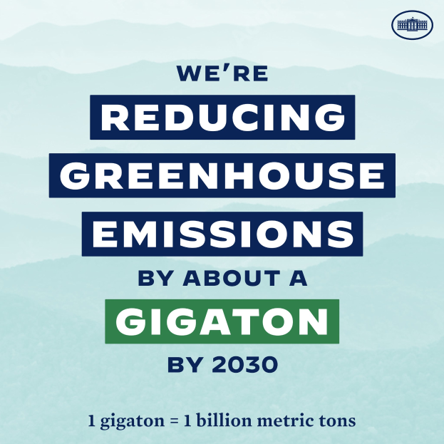 Ein Plakat mit Text und Logo, auf dem steht: "Wir reduzieren die Treibhausgasemissionen um etwa eine Gigatonne bis 2030", und für die Reduzierung der Treibhausgasemissionen bis 2030 wirbt.