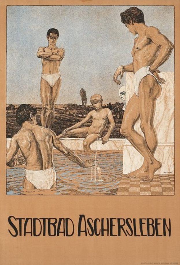 Plakat, das ein Schwimmbad in Aschersleben, Deutschland, zeigt, mit Menschen im Wasser und Text über die Annehmlichkeiten des Schwimmbads.