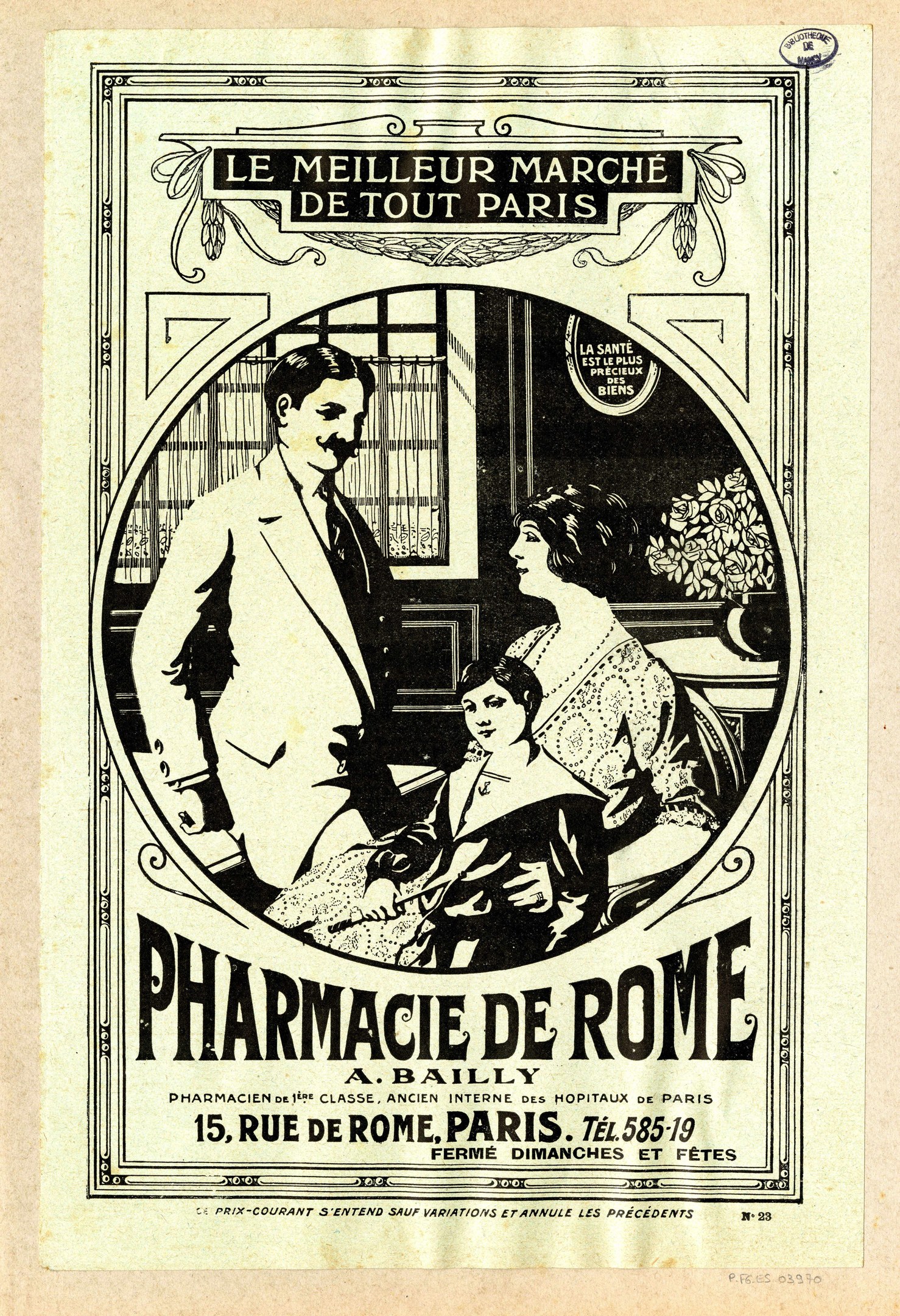 Schwarz-weisse Werbung für eine Apotheke in Rom mit einem Mann und einer Frau nebeneinander, mit Text über die Apotheke und ihre Dienstleistungen.