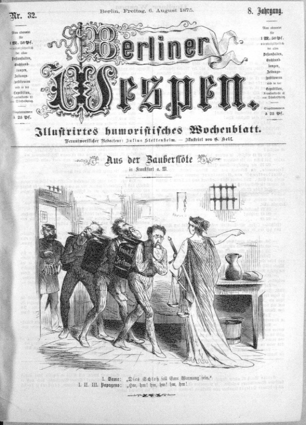 Schwarze und weiße Zeitung vom "Berliner Wespen, 6. August 1875" mit einer Gruppe von Menschen in Not, einige schauen ängstlich hoch, andere verwirrt runter.