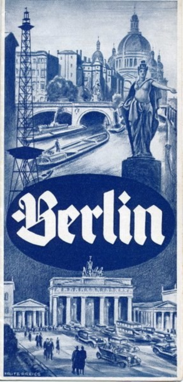 Plakat für Berlin, Deutschland, mit einer Statue, Gebäuden, einem Turm, Menschen, Fahrzeugen auf der Straße und einer Brücke, mit Text, der Informationen über die Stadt enthält.