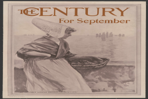 Eine Frau in einem weißen Kleid und einer blauen Stola, die einen Korb hält, steht entschlossen vor einem tiefblauen sternenklaren Nachthimmel mit den Worten "Das Jahrhundert für September" darüber.