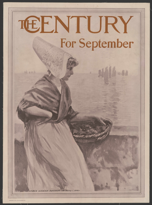 Eine Frau in einem weißen Kleid und einer blauen Stola, die einen Korb hält, steht entschlossen vor einem tiefblauen sternenklaren Nachthimmel mit den Worten "Das Jahrhundert für September" darüber.