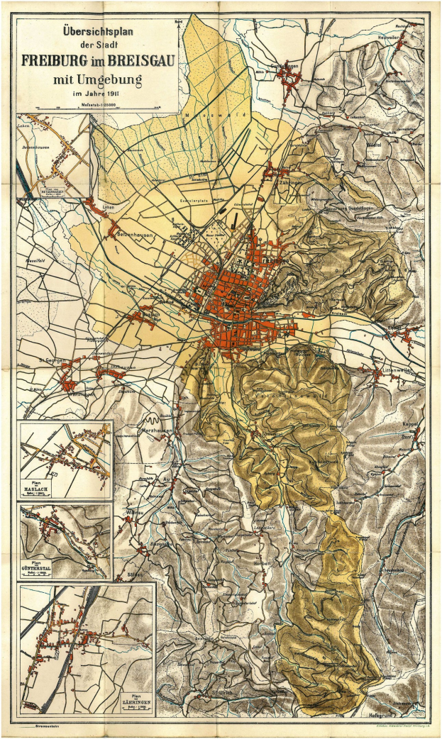 Ein detailliertes altes Stadtplan von Freiburg, Deutschland, mit Text oben und unten, der Straßen, Gebäude und Sehenswürdigkeiten zeigt.