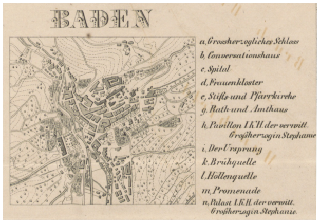 Ein detaillierter alter Stadtplan von Baden, Deutschland, der Straßen, Gebäude und Sehenswürdigkeiten mit Textanmerkungen zeigt.