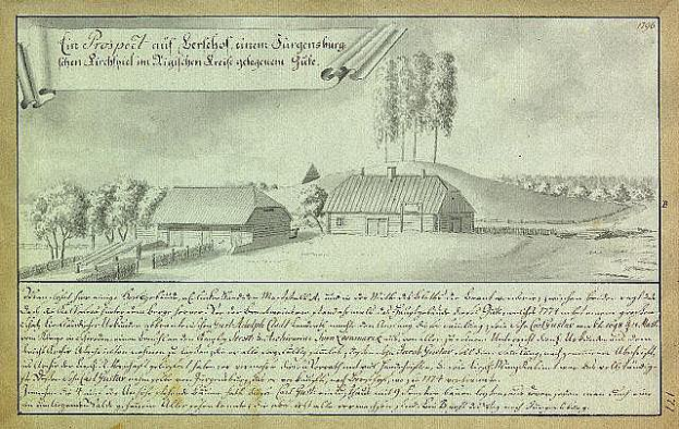 Ein altes Dokument mit einer Zeichnung eines Hofes in einem Feld, umgeben von Häusern, Bäumen und einem Himmel, mit der Inschrift "Surgensburg, Deutschland - Landschaft eines Hofes."
