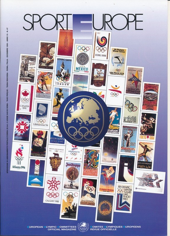 Ein Buchumschlag mit dem Titel "Sport in Europa", der farbenfrohe olympische Motive, Symbole und Texte zeigt.
