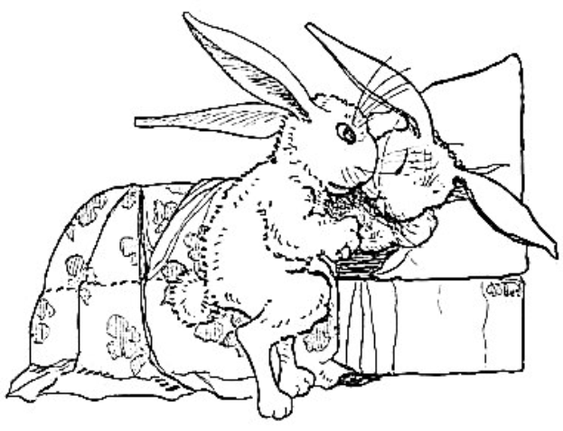 Schwarze und weiße Zeichnung von zwei Hasen, die auf einem Sofa sitzen und von Ostereier-Farbbildern umgeben sind.