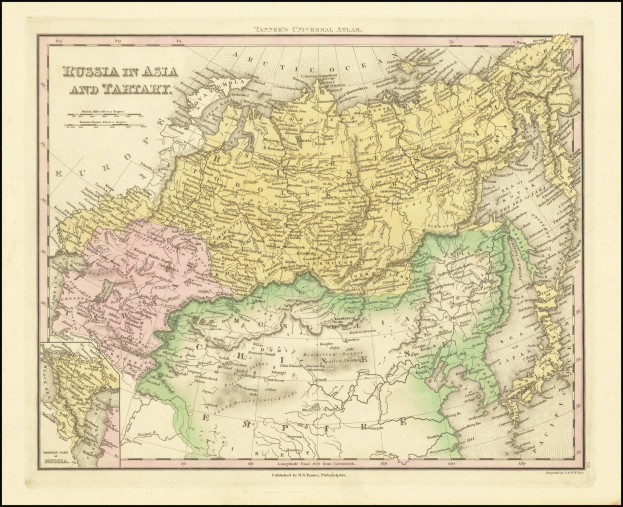 Ein gerahmtes Plakat, das eine Karte von Russland in Asien und Taiwan zeigt, mit Text oben und unten, im klassischen Design.