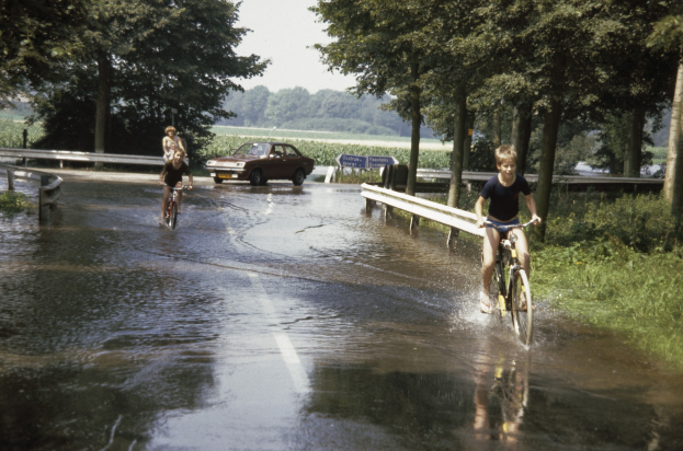 Eine Gruppe von Menschen fährt mit Fahrrädern eine überflutete Straße hinunter, mit einem Auto neben ihnen, gesäumt von einem Geländer und umgeben von Bäumen und Pflanzen, unter einem klaren blauen Himmel.