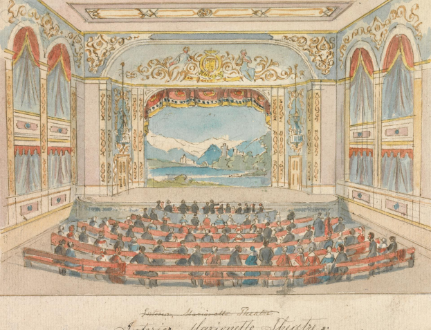 Eine Zeichnung eines Theaters mit einem Publikum im Auditorium, Wänden mit detaillierten Designs, einer Decke mit Lichtern und dekorativem Text unten.