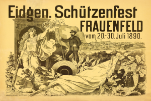 Ein Vintage-Plakat bewirbt das Eidgen Schützenfest in Frauenfeld, Deutschland, mit einem Mann in einem Anzug und einer Frau in einem Kleid, die nebeneinander stehen, und Ereignisinformationen darauf.