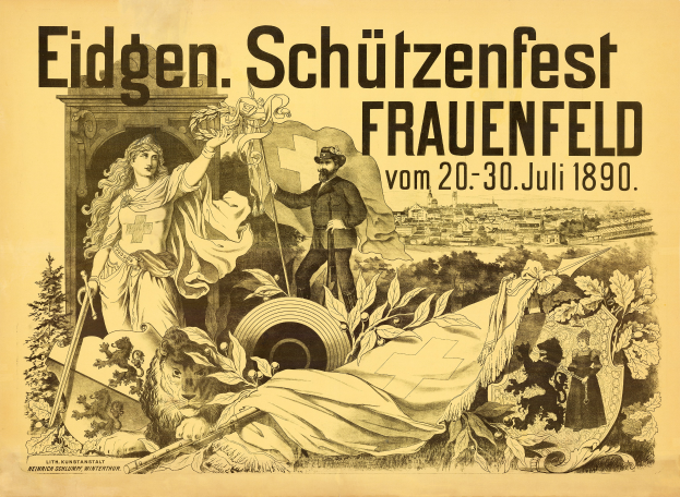 Ein Vintage-Plakat bewirbt das Eidgen Schützenfest in Frauenfeld, Deutschland, mit einem Mann in einem Anzug und einer Frau in einem Kleid, die nebeneinander stehen, und Ereignisinformationen darauf.