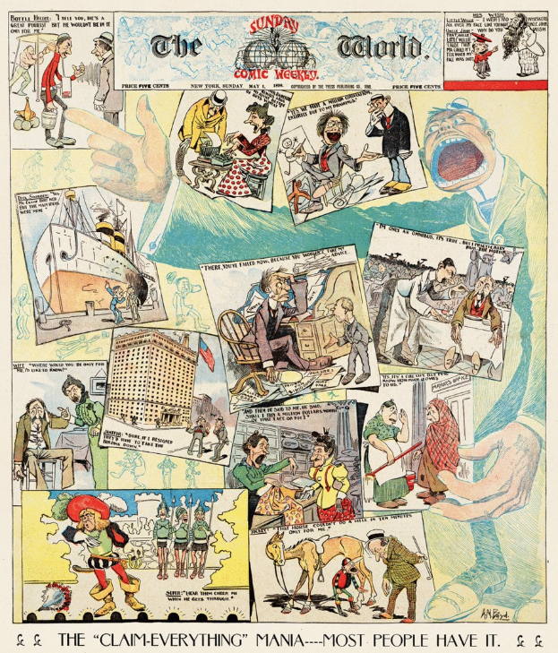 Ein farbenfrohes Plakat mit einer skurrilen Comic-Figur eines Mannes in Anzug und Krawatte in einem Comic-Strip, umgeben von fetter Schrift und dekorativen Elementen.