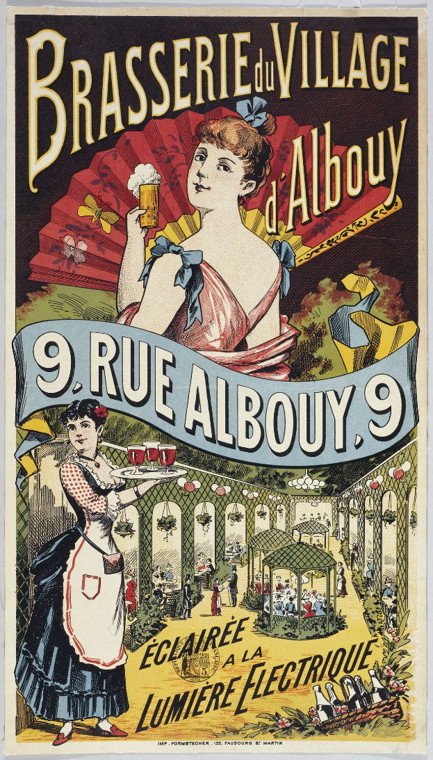 Plakat für eine Brasserie du village in Albouy, Frankreich, das ein Frauengesicht mit Text umgeben zeigt.