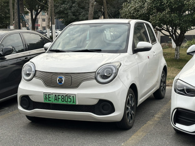 Zwei Smart-Autos nebeneinander auf einem Parkplatz mit Bäumen, Gebäuden und Masten unter einem klaren blauen Himmel geparkt.
