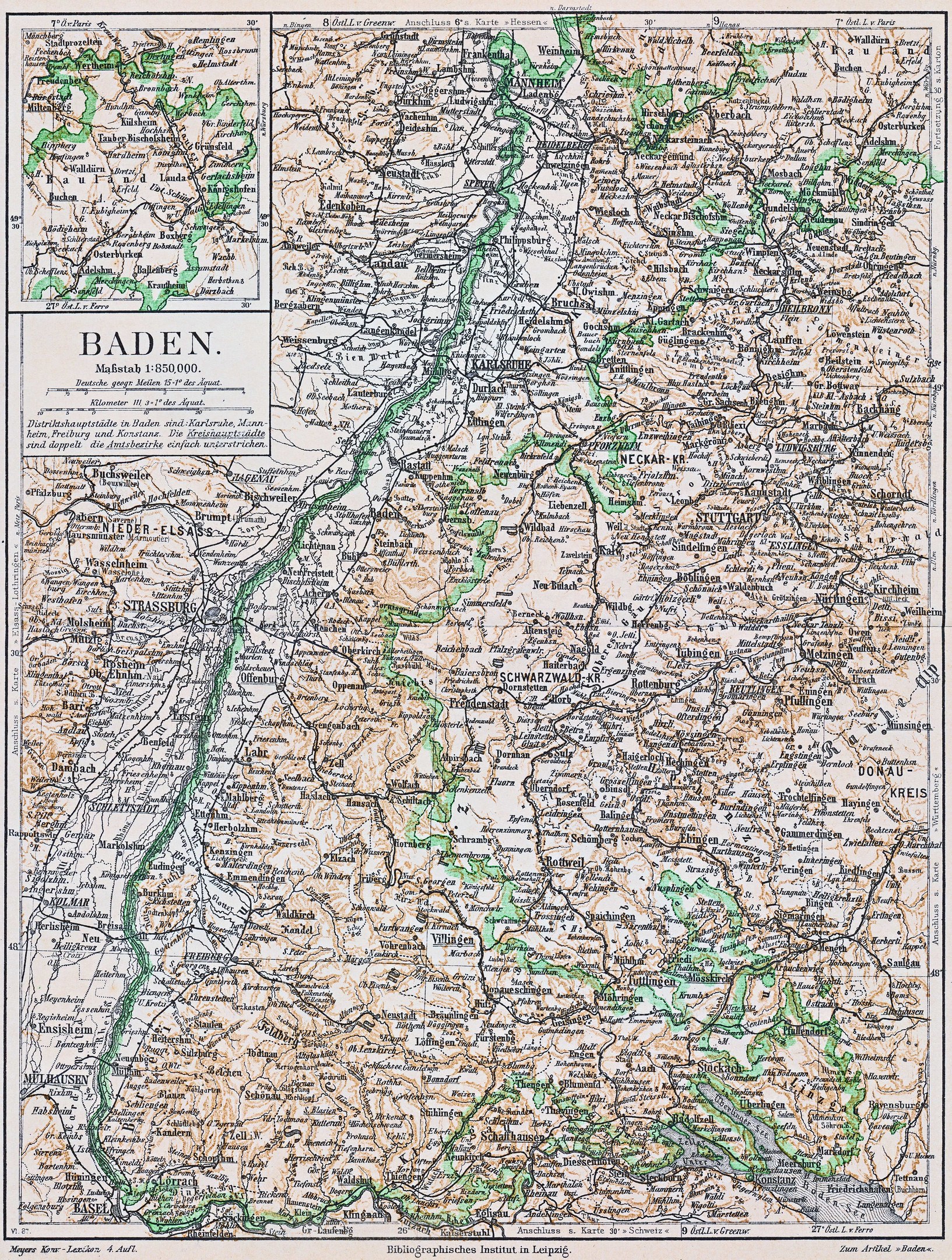 Detailierte alte Karte von Baden-Württemberg, Deutschland, mit Text oben und unten, die Straßen, Städte und geografische Merkmale zeigt.