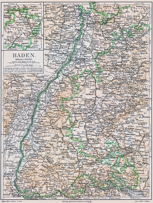 Detailierte alte Karte von Baden-Württemberg, Deutschland, mit Text oben und unten, die Straßen, Städte und geografische Merkmale zeigt.