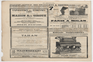 Eine alte Zeitung mit einem zentralen Bild einer Maschine und umgeben von Text