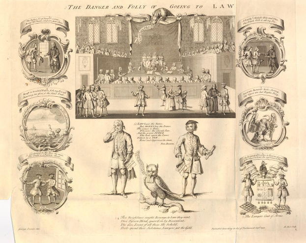 Zeitung mit bedrängten Figuren und fettem Text, der die Gefahren und Absurdität von Rechtsstreitigkeiten illustriert.