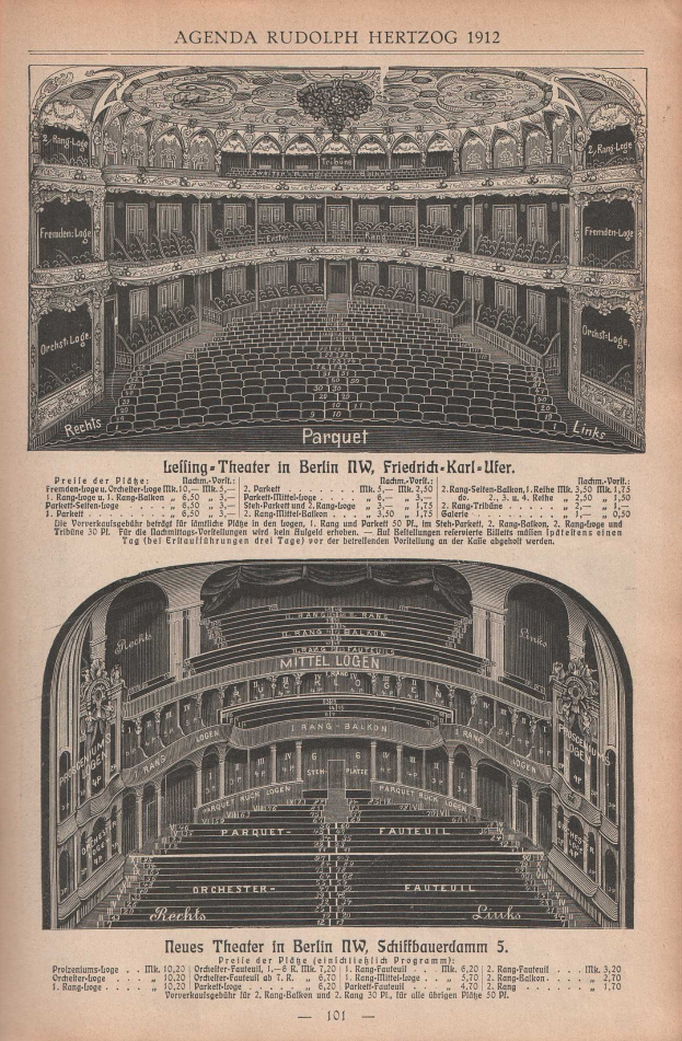 Alte Buchseite mit einer Zeichnung eines großen Berliner Auditoriums aus dem Jahr 1912, begleitet von Text und Layoutdetails des Theaters.