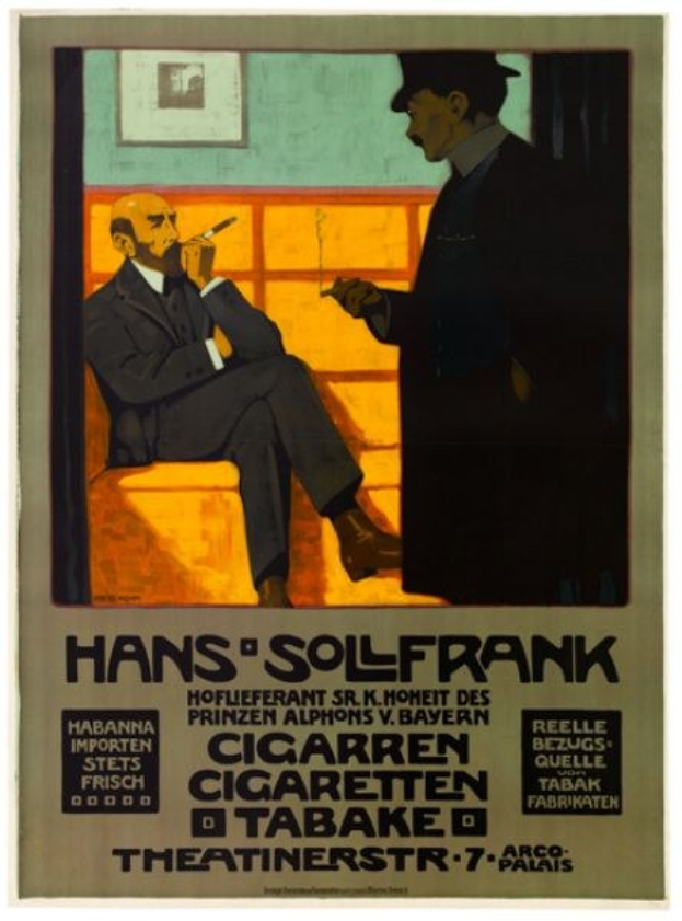 Ein Plakat mit dem deutschen Schauspieler Hans Solfrank, der auf einem Sofa sitzt und eine Zigarette raucht, trägt einen schwarzen Anzug und ein weißes Hemd, vor einem hellblauen Hintergrund mit der Aufschrift "Hans SolFrank".