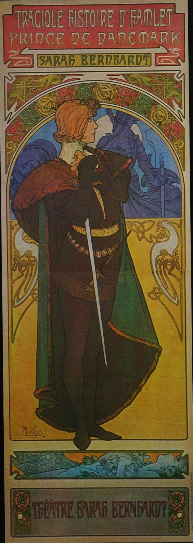 Plakat für ein Sarah Bernhardt-Stück mit einem Mann in einem grünen Umhang, der ein Schwert hält, vor einem tiefblauen sternenklaren Hintergrund.