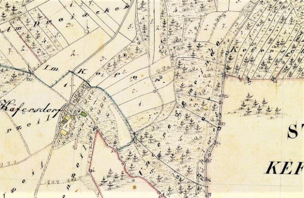 Detailierte alte Karte der Stadt Kefendorf, die Straßen, Gebäude, Sehenswürdigkeiten und Text mit zusätzlichen Informationen wie Bevölkerung und bekannte Orte zeigt.