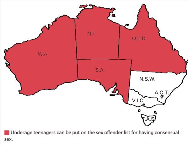 Eine Karte von Australien, die Staaten mit unterschiedlichen Prozentzahlen von Minderjährigen in Rot hervorhebt, begleitet von Texten über einvernehmlichen Sex und die Registrierung von Sexualstraftätern.
